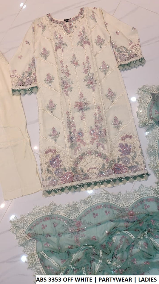ABS 3353 OFF WHT - Off White Chiffon Straight 3-Piece Women's Pakistani Suit