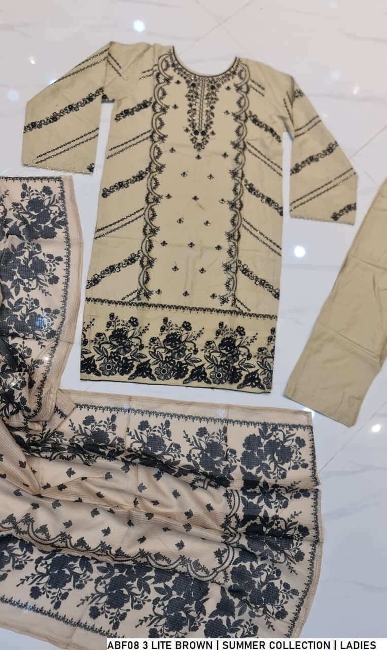 Pakistani women's light brown lawn straight printed casual outfit back view