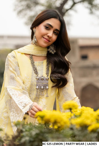 Lemon yellow georgette Pakistani women's embroidered straight shirt with plazo side view
