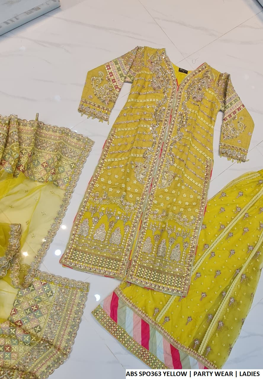 Pakistani women's yellow net straight open shirt plazo back view