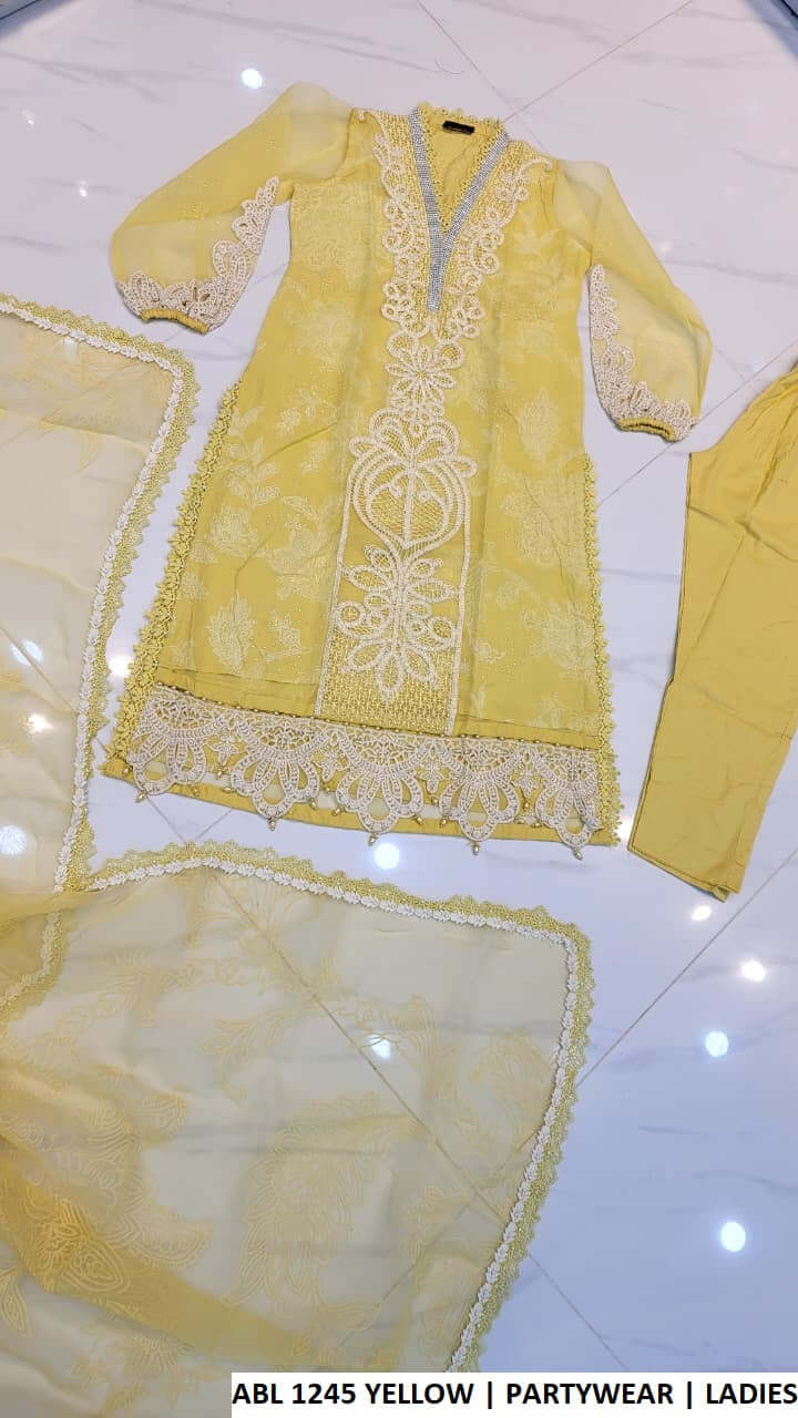 ABL 1245 YELLOW organza Pakistani women's A-Line shirt with cotton trouser back view