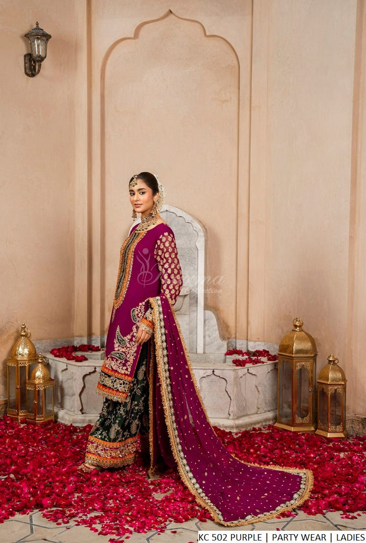 Purple chiffon Pakistani women's short shirt with shalwar side view