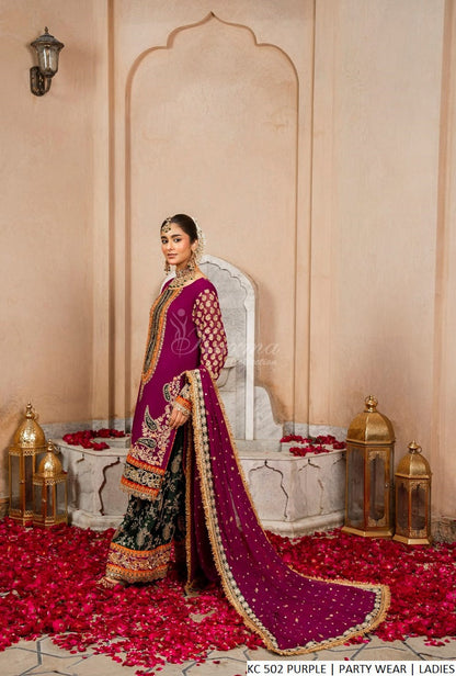 Purple chiffon Pakistani women's short shirt with shalwar side view
