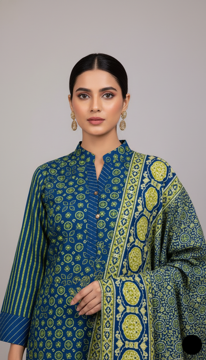 Lawn A-Line printed shirt - Pakistani women's casual summer outfit with cotton trouser and lawn dupatta front view