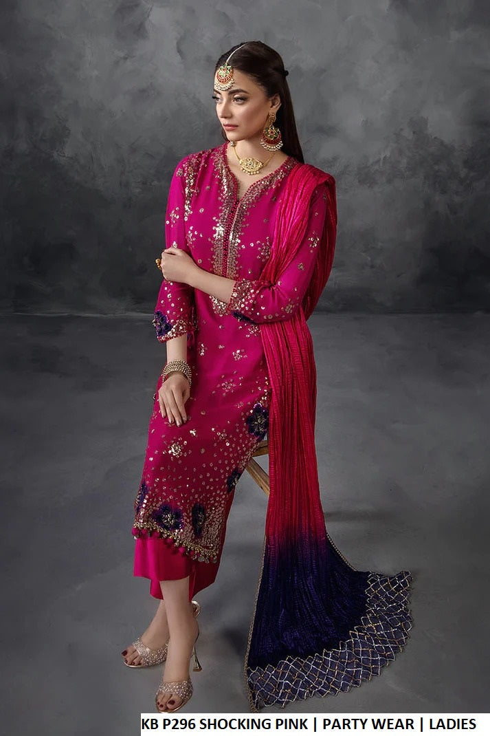 Pakistani women's shocking pink crinkle chiffon luxury shirt detail view