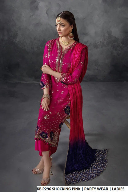 Pakistani women's shocking pink crinkle chiffon luxury shirt detail view