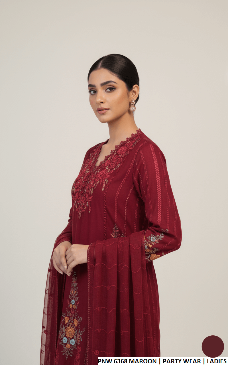 Maroon chiffon Pakistani women's straight shirt with plazo side view