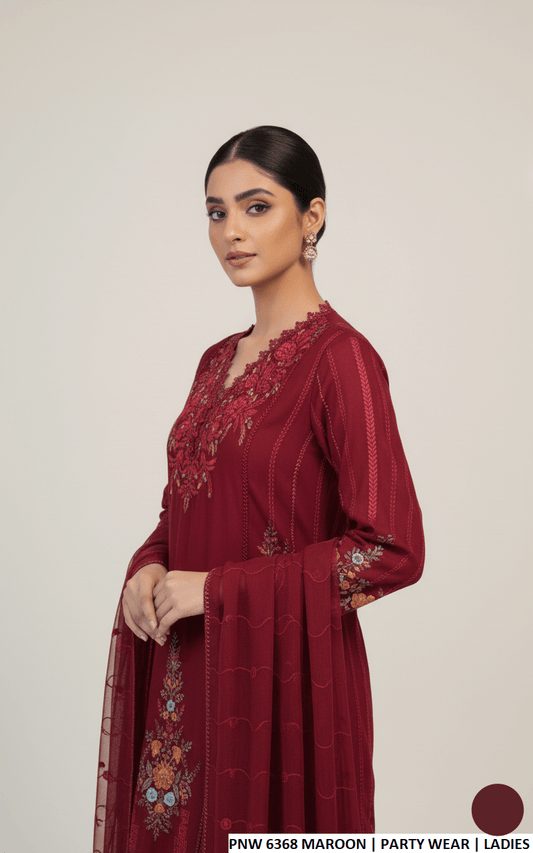 Maroon chiffon Pakistani women's straight shirt with plazo side view