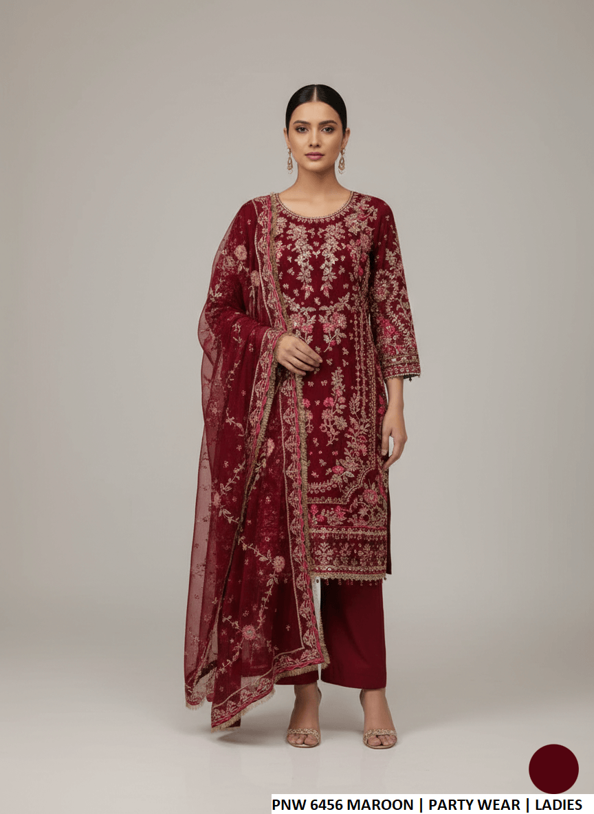 Chiffon straight shirt maroon - Pakistani women's elegant outfit with viscose trouser and chiffon dupatta front view