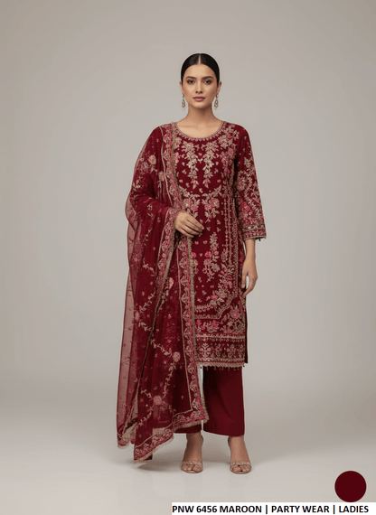 Chiffon straight shirt maroon - Pakistani women's elegant outfit with viscose trouser and chiffon dupatta front view