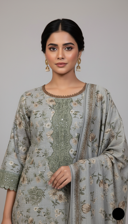 Lawn A-Line printed shirt - Pakistani women's casual summer outfit with cotton trouser and lawn dupatta front view