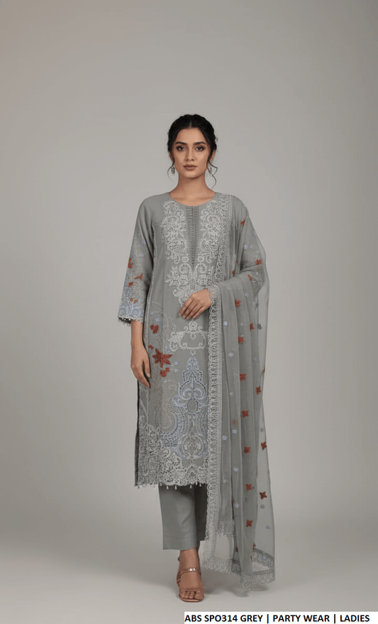 Chiffon straight shirt plazo grey - Pakistani women's party wear with grip plazo and organza dupatta front view