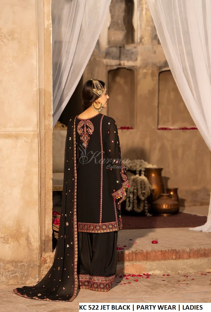 Pakistani women's jet black georgette embroidered farshi shalwar outfit detail view