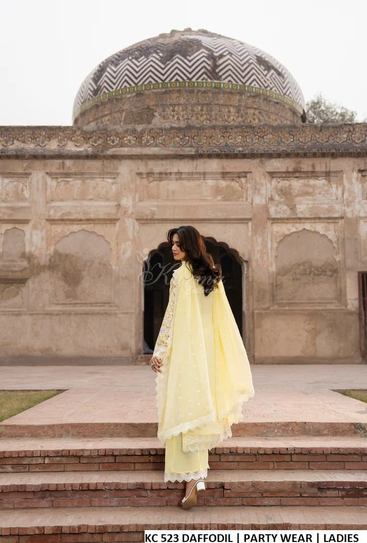 Pakistani women's daffodil yellow georgette chikankari embroidered straight shirt back view