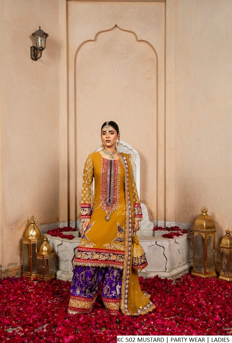 Chiffon short shirt shalwar mustard yellow - Pakistani women's elegant festive party wear with chiffon dupatta front view