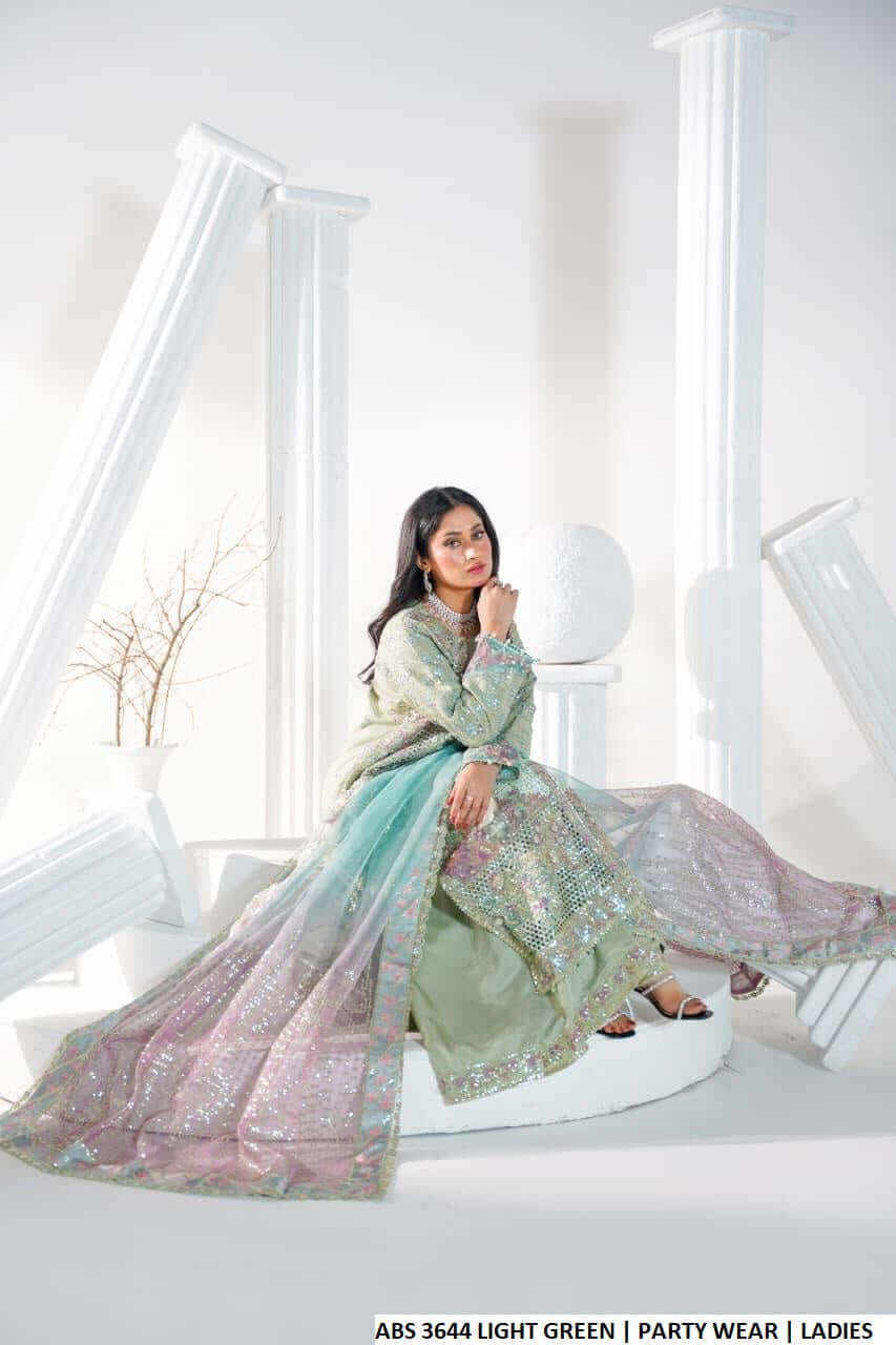 Pakistani women's light green organza open A-Line shirt back view