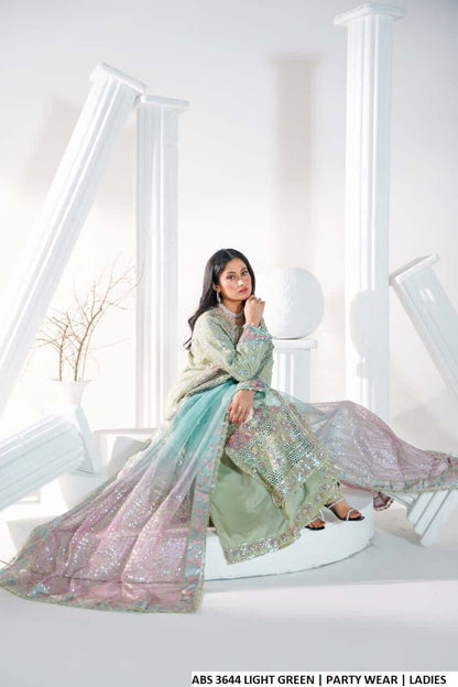 Pakistani women's light green organza open A-Line shirt back view