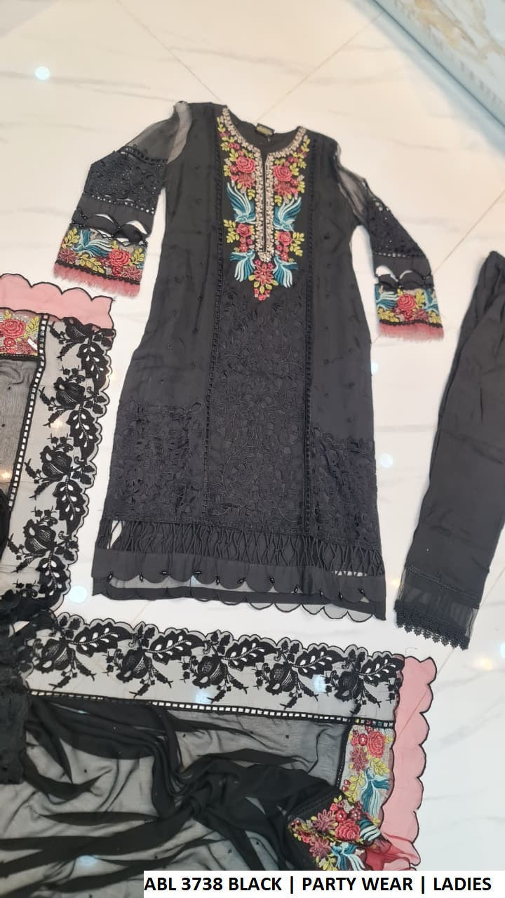 Black organza Pakistani women's straight shirt with viscose trouser back view