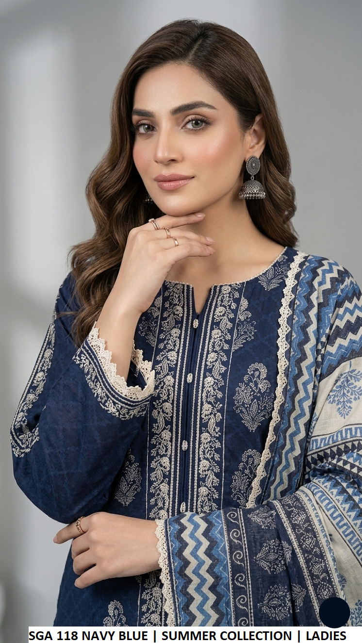 SGA 118 NAVY BLUE - Navy Blue Lawn A-Line 3-Piece Women's Pakistani Suit