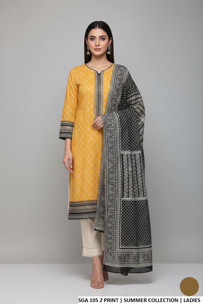 Lawn straight printed shirt - Pakistani women's casual summer outfit with cotton trouser and lawn dupatta front view