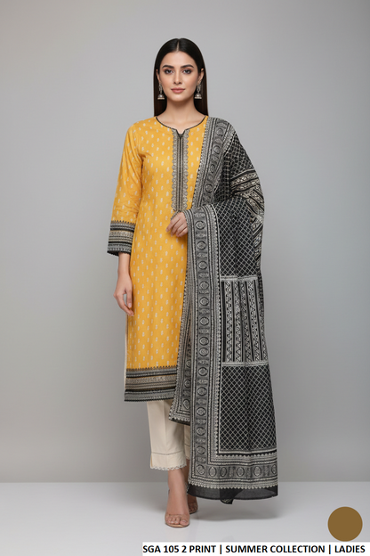 Lawn straight printed shirt - Pakistani women's casual summer outfit with cotton trouser and lawn dupatta front view