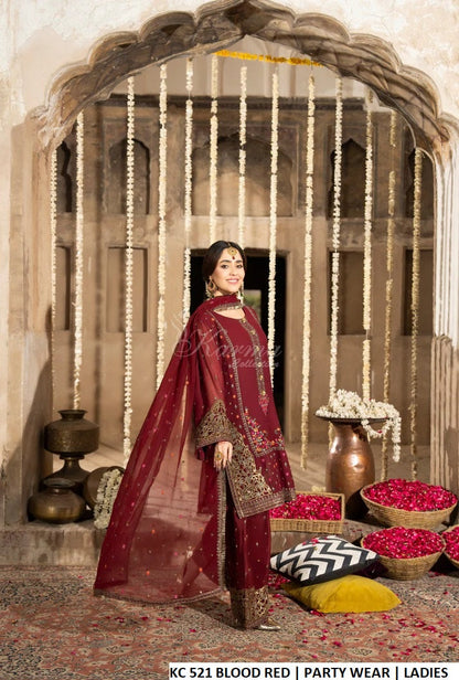 Pakistani women's blood red georgette 3D embroidered farshi shalwar outfit detail view
