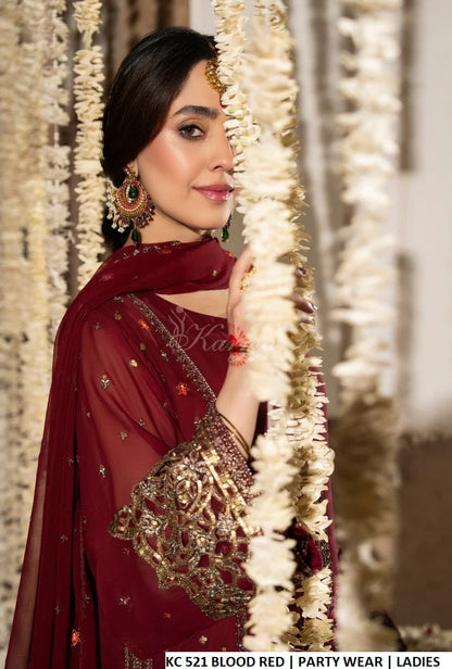 Pakistani women's blood red georgette embroidered short shirt farshi shalwar back view