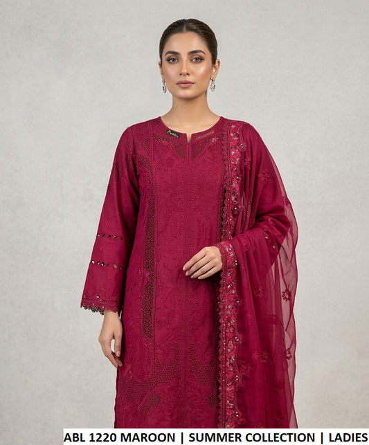 Cotton straight shirt plazo ABL 1220 MAROON - Pakistani women's casual semi-formal outfit with chiffon dupatta front view