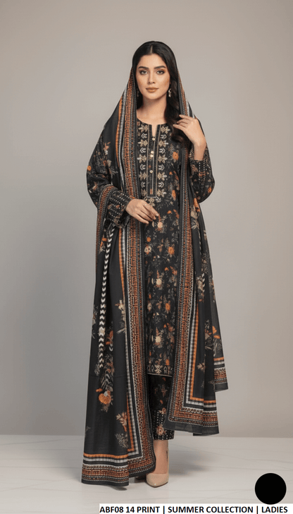 Lawn straight printed shirt - Pakistani women's casual summer outfit with lawn trouser and dupatta front view