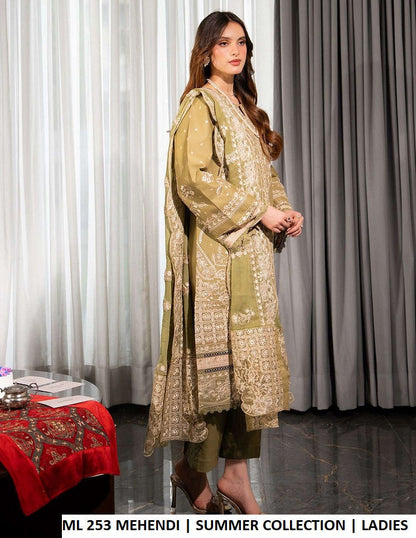 ML 253 MEHENDI - Mehendi Cotton Straight 3-Piece Women's Pakistani Suit