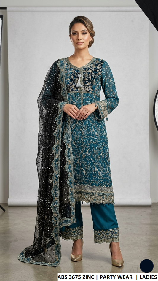 ABS 3675 ZINC - Zinc Chiffon Ungrakha 3-Piece Women's Pakistani Plazo Suit