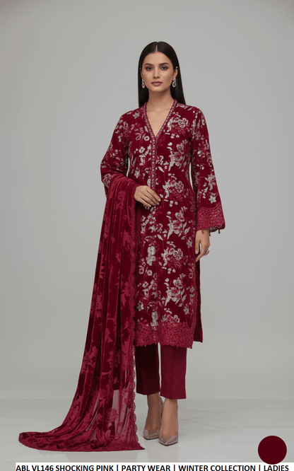 Velvet A-Line shirt shocking pink - Pakistani women's formal winter wear with viscose trouser and palachi shawl front view