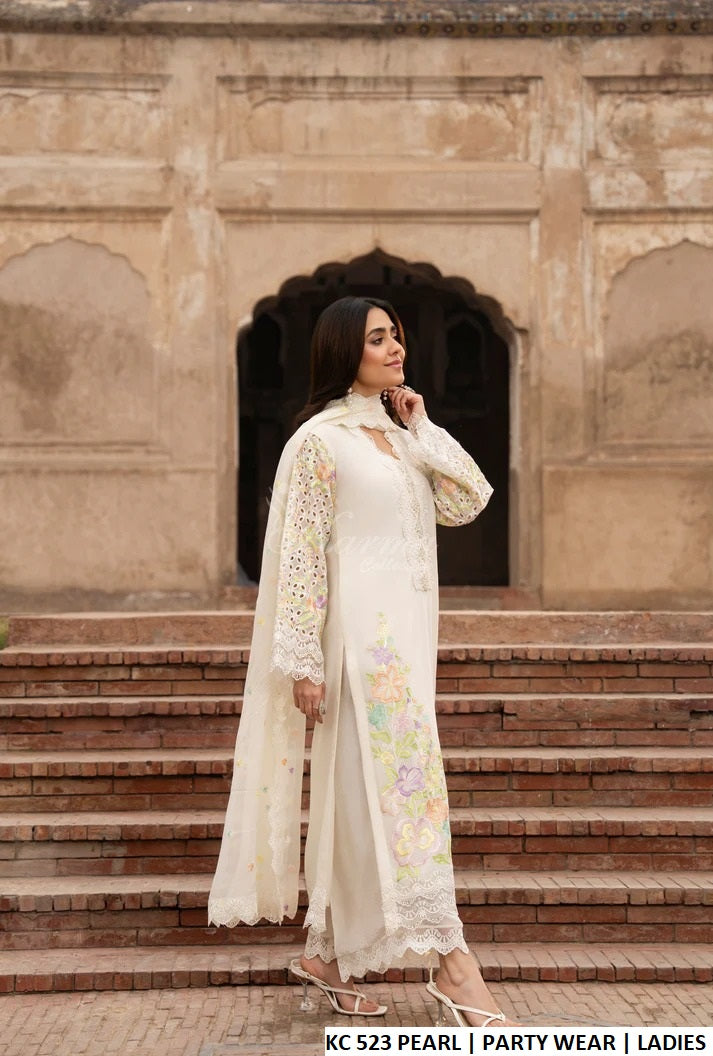 Pakistani women's pearl white georgette chikankari embroidered straight shirt back view