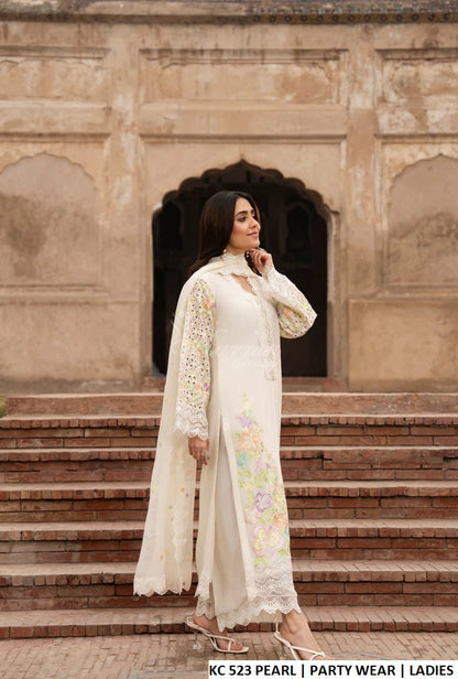 Pakistani women's pearl white georgette chikankari embroidered straight shirt back view