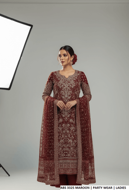 Chiffon straight shirt maroon - Pakistani women's elegant formal wear with viscose trouser and chiffon dupatta front view