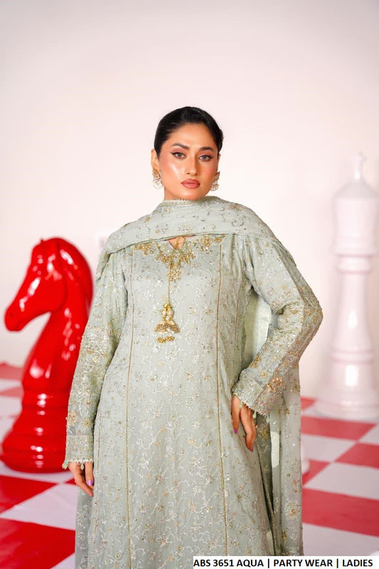 Aqua blue chiffon Pakistani women's straight shirt with plazo side view