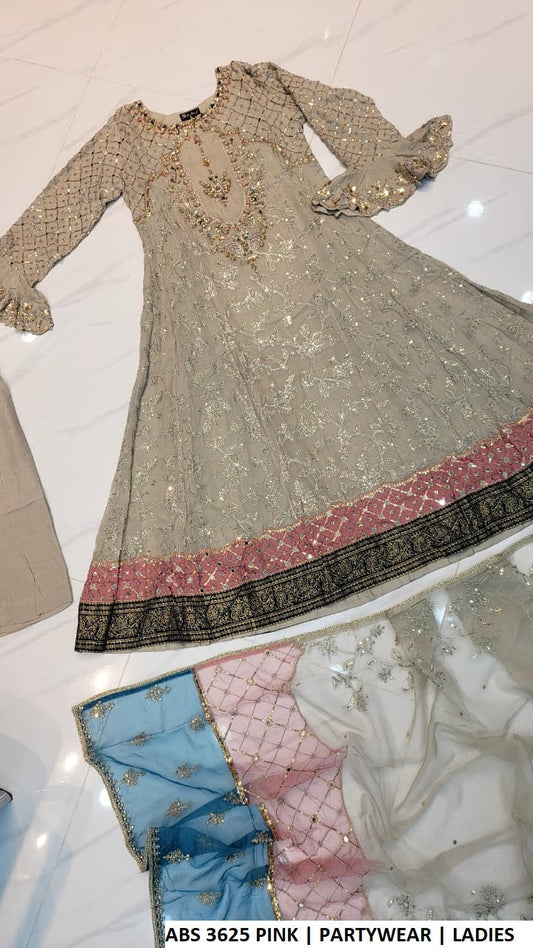 ABS 3526 SKIN - Skin Chiffon Long Frock 3-Piece Women's Pakistani Suit