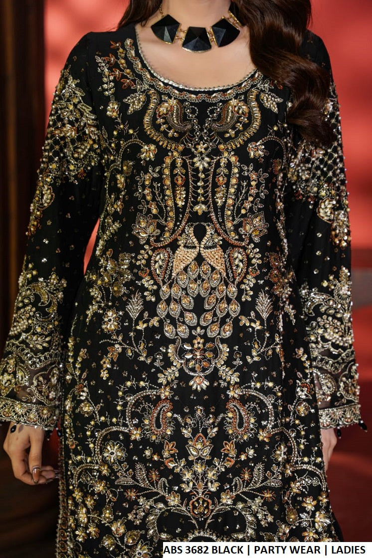Pakistani women's black chiffon straight shirt shalwar detail view