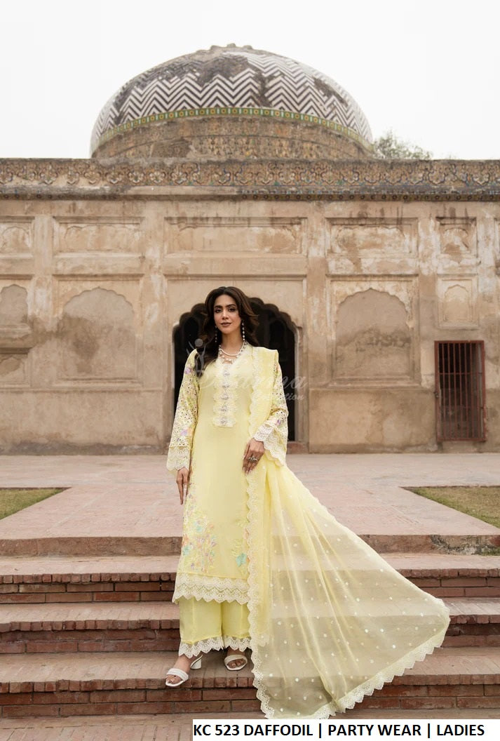 Georgette straight shirt daffodil yellow - Pakistani women's chikankari embroidered outfit with sequins chiffon dupatta front view