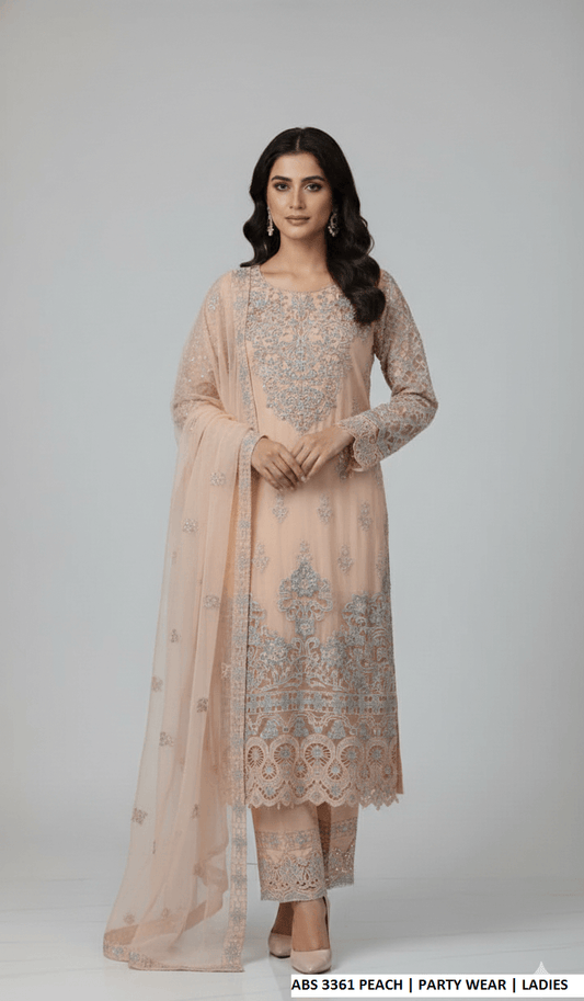 Organza straight shirt peach - Pakistani women's elegant formal wear with viscose trouser and organza dupatta front view