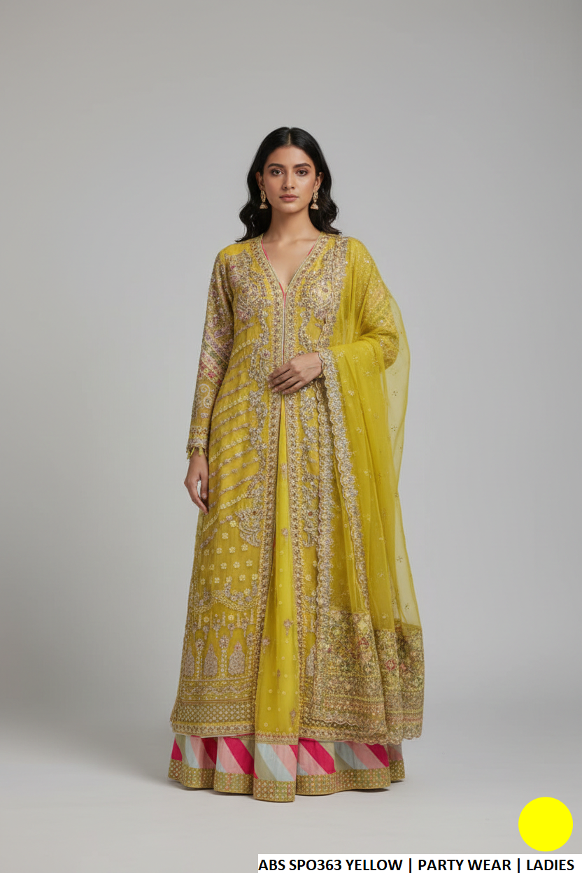 Net straight open shirt plazo yellow - Pakistani women's luxury formal wear with soft net plazo and organza dupatta front view