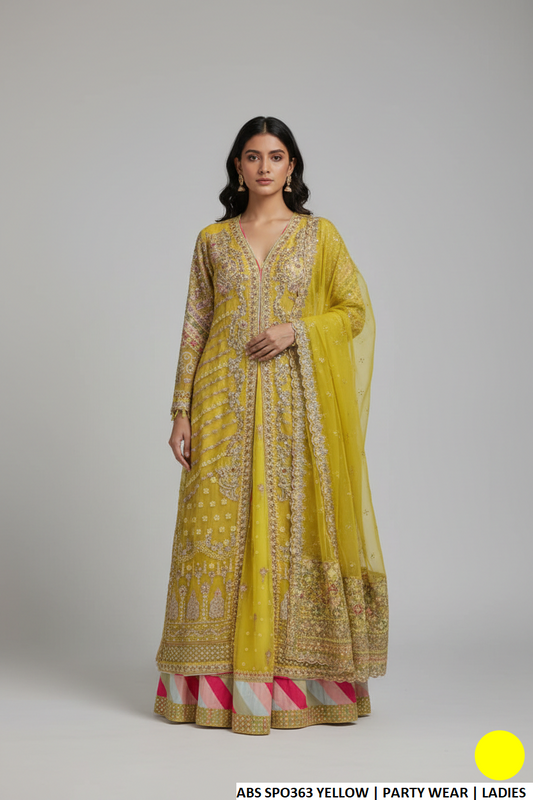 Net straight open shirt plazo yellow - Pakistani women's luxury formal wear with soft net plazo and organza dupatta front view