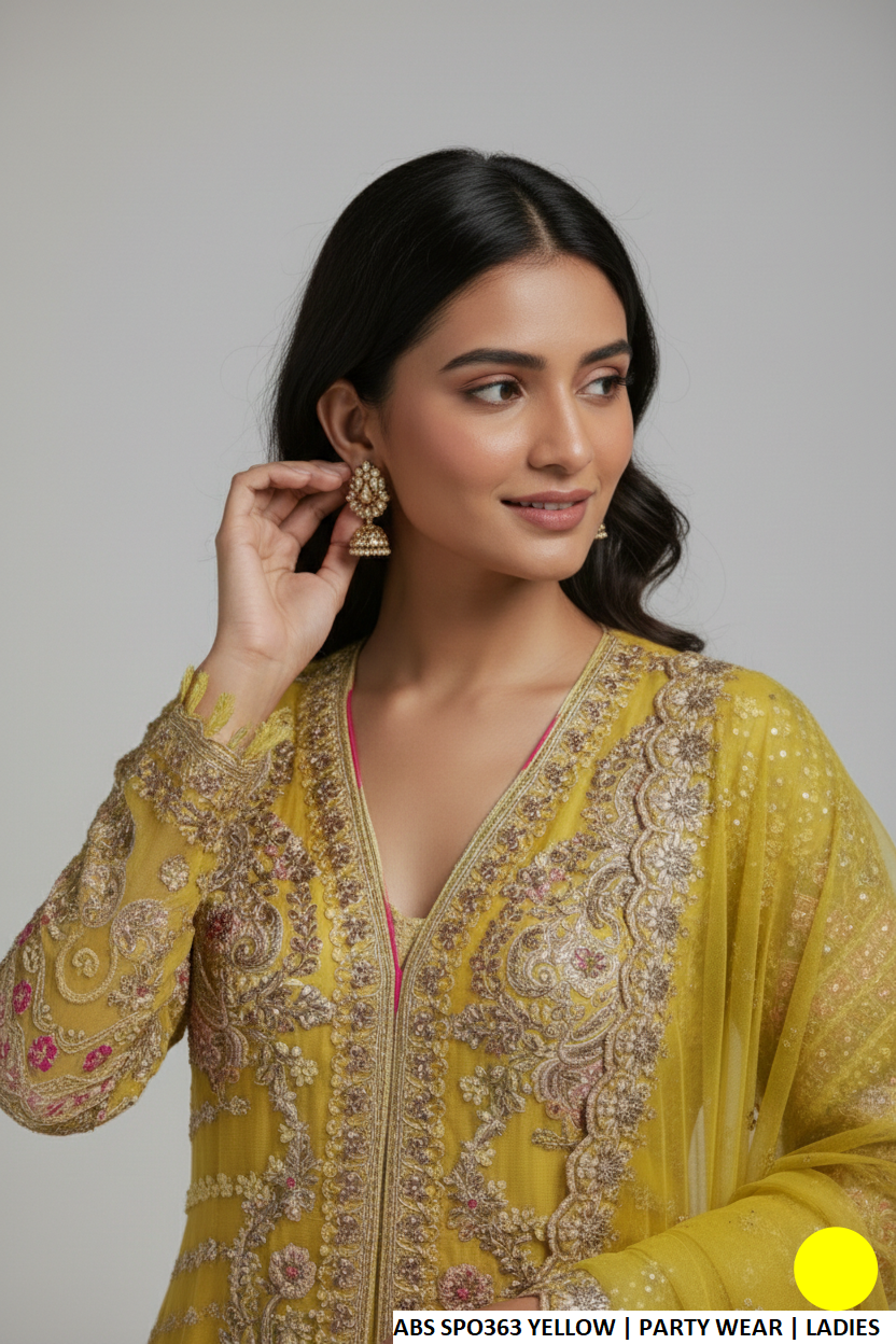 Yellow net Pakistani women's straight open shirt with plazo side view