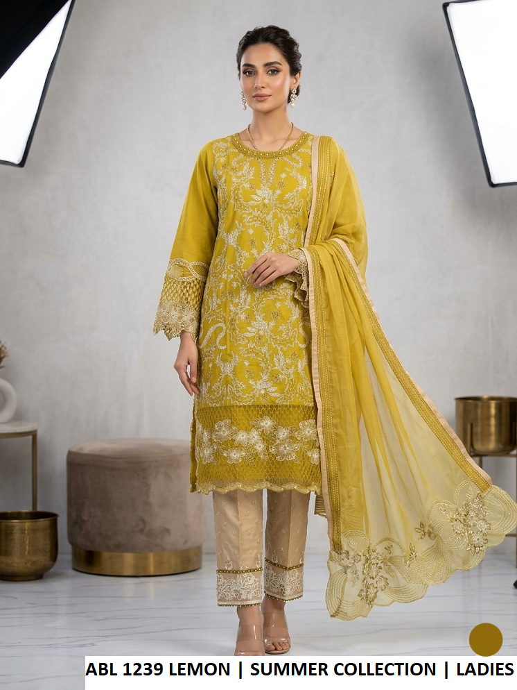 Cotton A-Line shirt plazo lemon yellow - Pakistani women's casual outfit with organza karandi dupatta front view