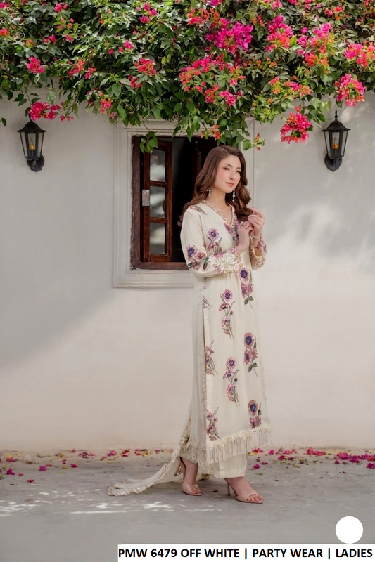 PNW 6479 OFF WHITE - Off White Chiffon 3-Piece Women's Pakistani Plazo Suit