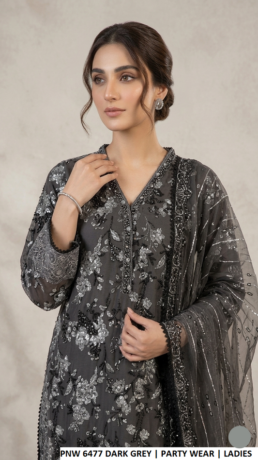 PNW 6477 DARK GRAY - Dark Gray Chiffon Straight Plazo 3-Piece Women's Pakistani Suit