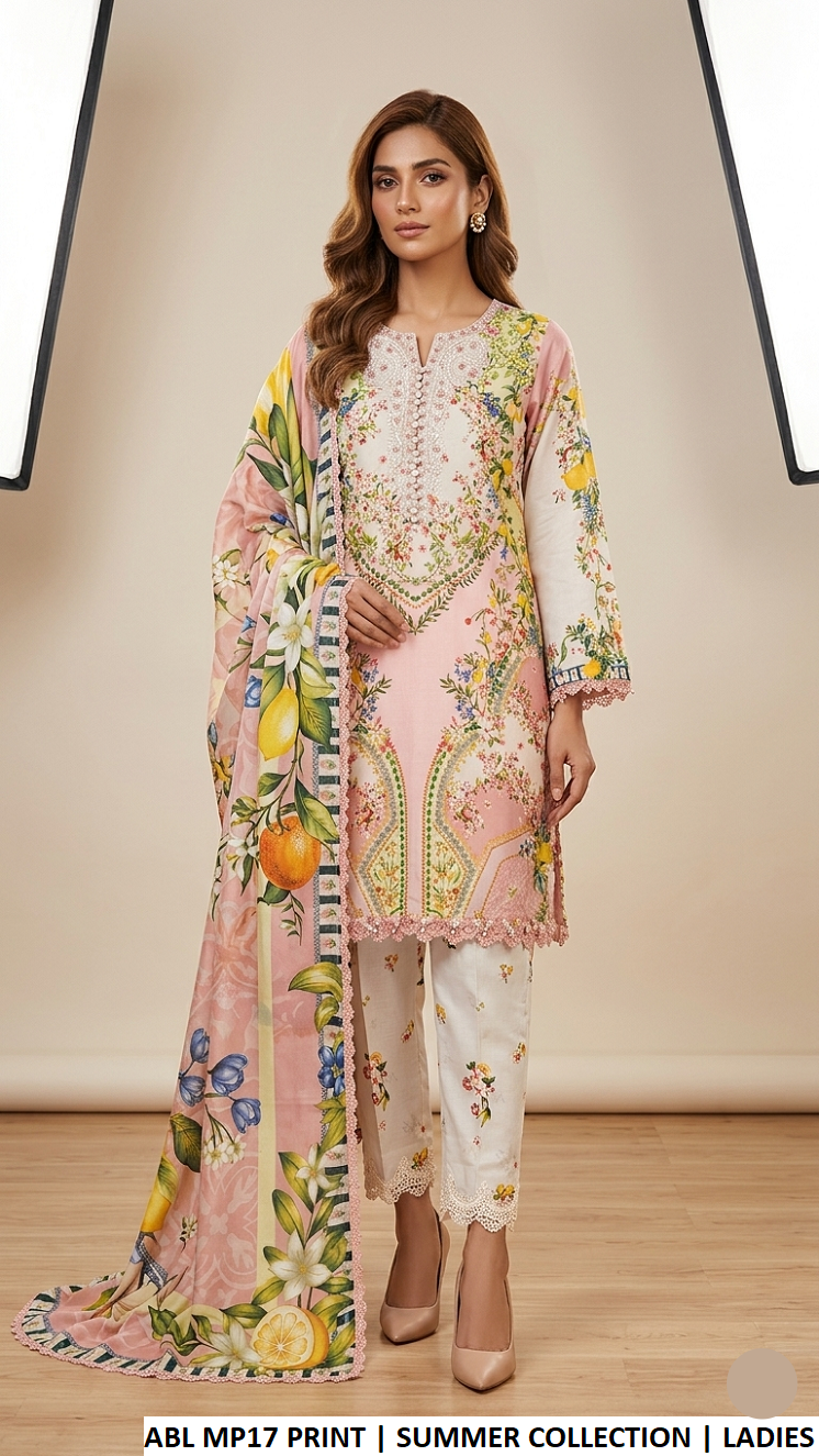 Poly lawn A-Line printed shirt - Pakistani women's casual summer outfit with digital print silk dupatta front view
