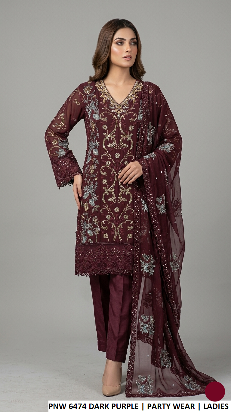 Chiffon straight shirt plazo dark purple - Pakistani women's party wear with viscose trouser and chiffon dupatta front view