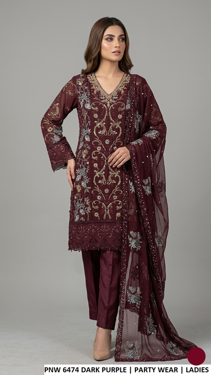 Chiffon straight shirt plazo dark purple - Pakistani women's party wear with viscose trouser and chiffon dupatta front view