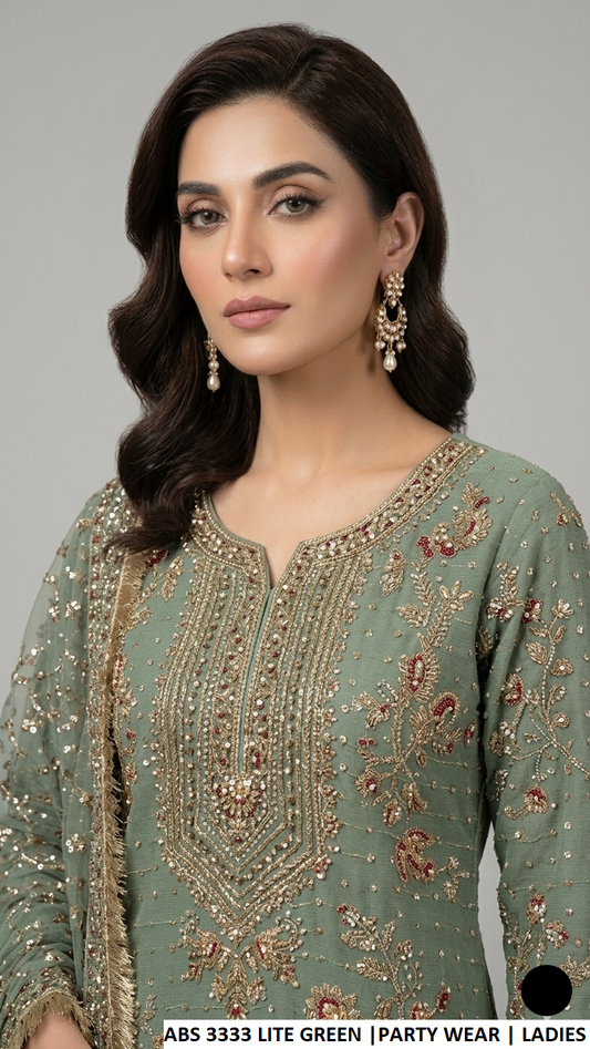 ABS 3333 LITE GREEN - Lite Green Chiffon Straight 3-Piece Women's Pakistani Suit